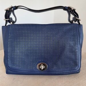 Coach Legacy Leather Dark Blue Dot Flap Swing Shoulder Bag 22386